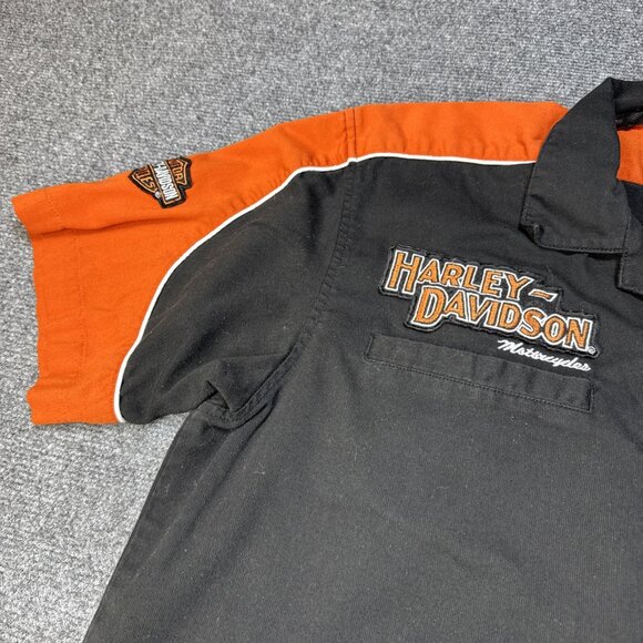 VTG Harley Davidson Mechanic Shirt Men's L Logo Embroidery Patches SS Orange Blk - Picture 5 of 9